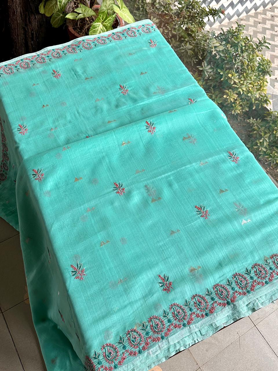 Aqua Green Shade Chanderi Chikankari Saree