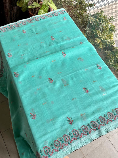 Aqua Green Shade Chanderi Chikankari Saree