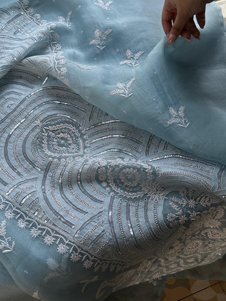 Powder Blue Noor Organza Banarasi Silk Chikankari Unstitched Kurta Dupatta Set