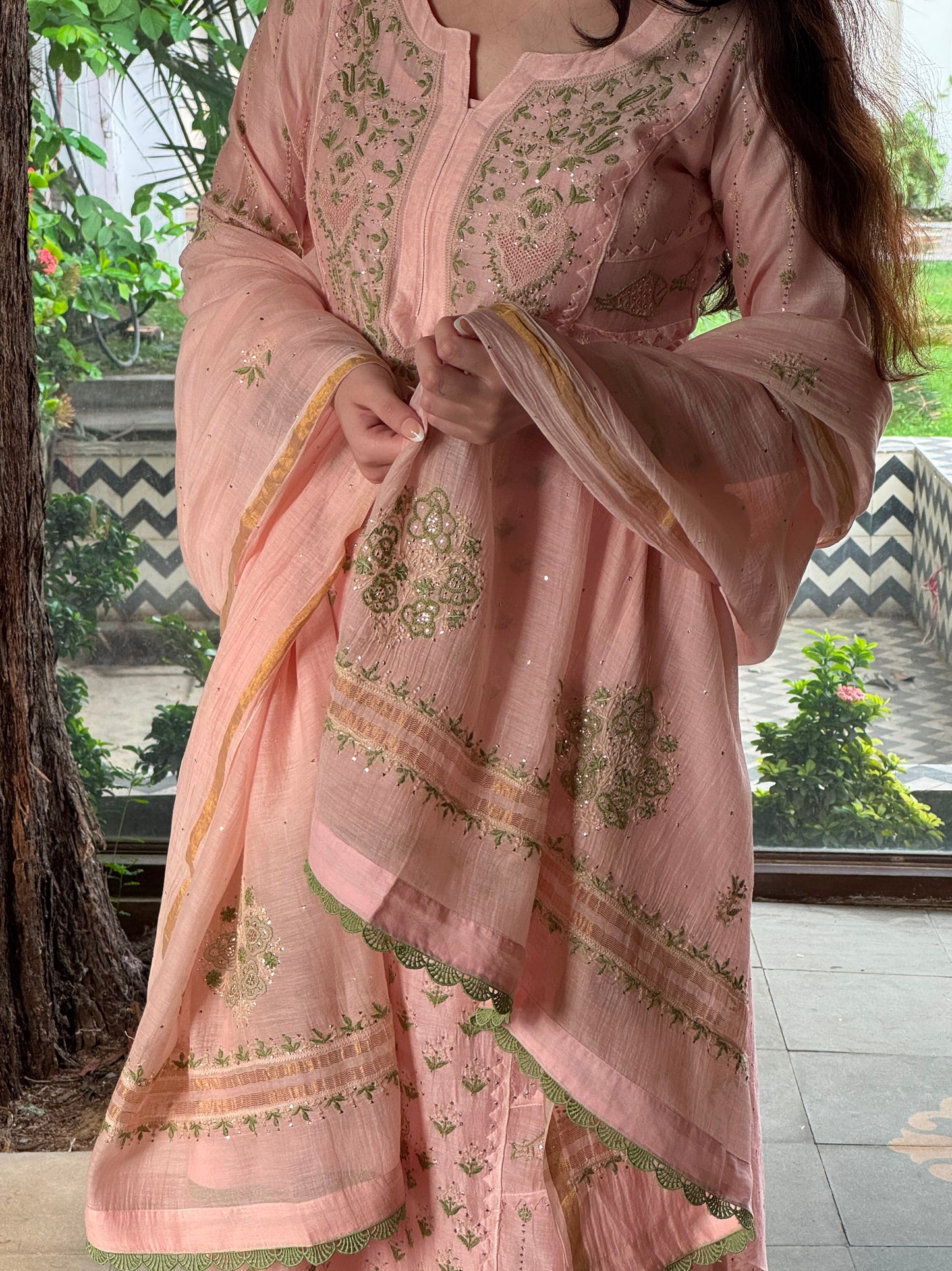 Applique Mahi Motif Soft Pink Mal Chanderi Chikankari Kurta Set