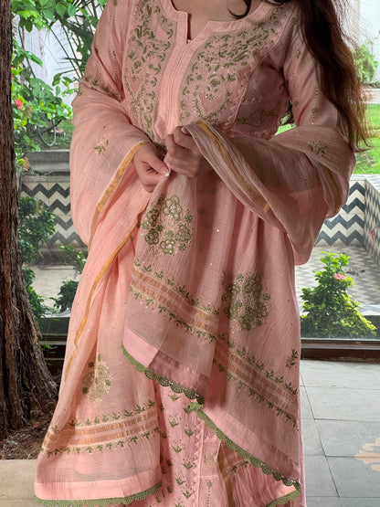 Applique Mahi Motif Soft Pink Mal Chanderi Chikankari Kurta Set