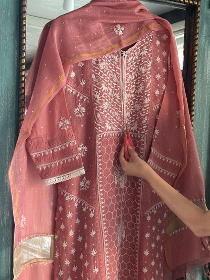 Onion Pink Shade Malmal Pearl Work Chikankari Kurta With Dupatta