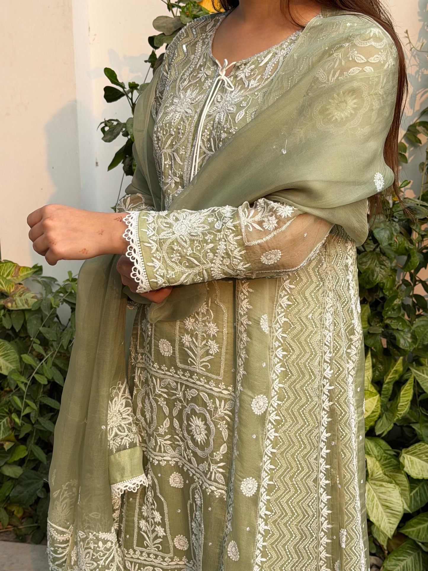 Green Noor Organza Chikankari Anarkali Kurta With Dupatta