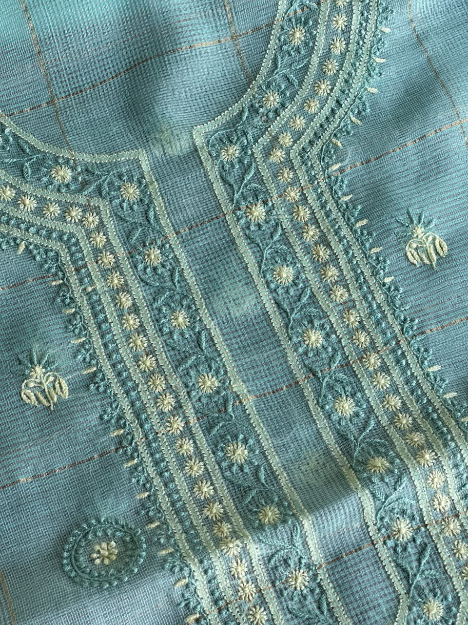 Aqua Green Shade Tissue Zari Kota Chikankari Unstitched Fabric