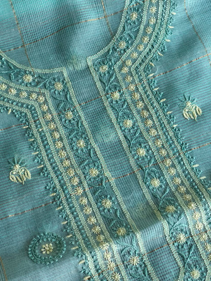 Aqua Green Shade Tissue Zari Kota Chikankari Unstitched Fabric