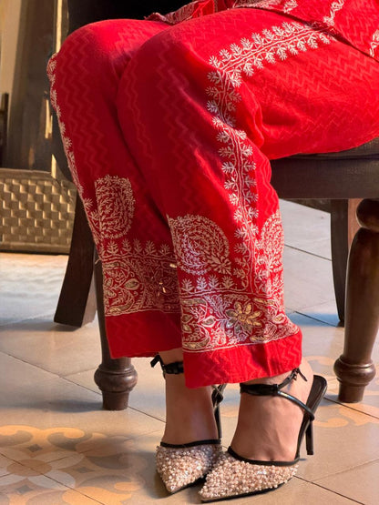 Crimson Red | Jacquard Sequins Chikankari Co-Ord Set