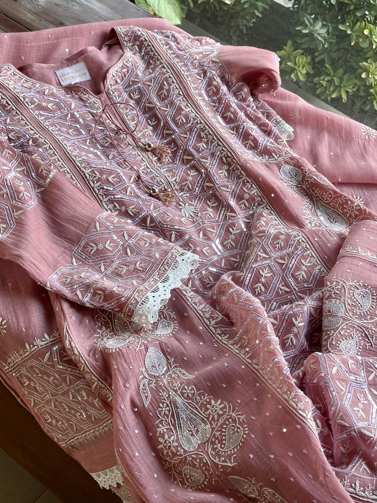 Soft Pink Mulmul Pearl White Chikankari Ready to Wear Kurta Set