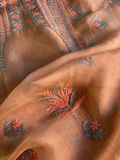 Peach Shade Noor Organza Silk Chikankari Unstitched Kurta Dupatta Set