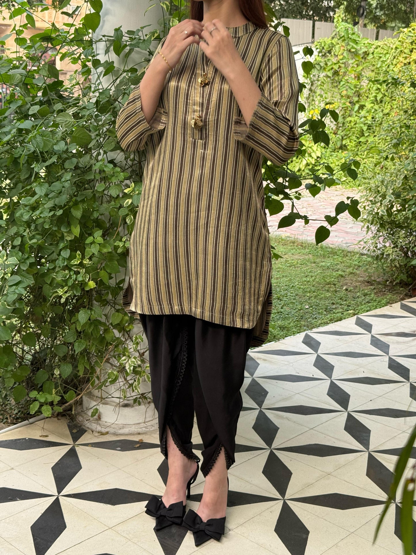 Ajrak Tan Brown Shade Mashru Silk, Short Kurta