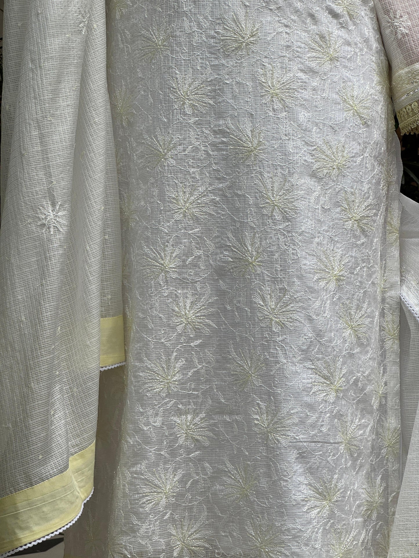 White & Lemon Shade Kota Pearl Work Chikankari Kurta Set