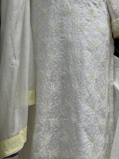 White & Lemon Shade Kota Pearl Work Chikankari Kurta Set