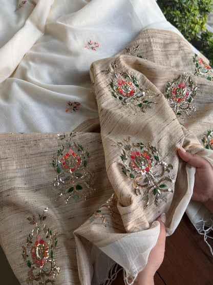Off White Tussar Silk Gheecha Palla Kota Mukaish Resham Saree