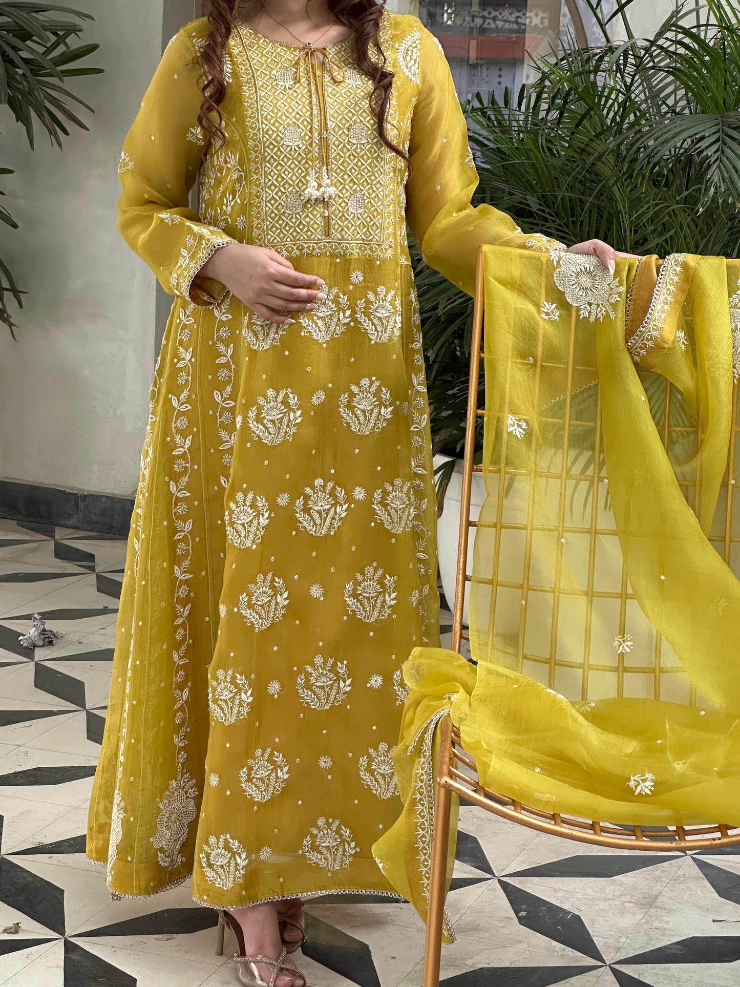 Yellow Noor Organza Chikankari Anarkali Kurta With Dupatta