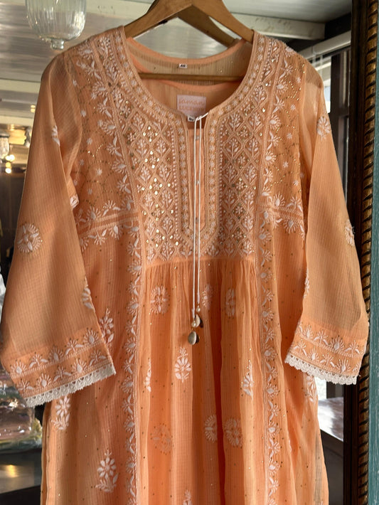 Coral Peach Kota Chikankari Kurta With Mukaish Work