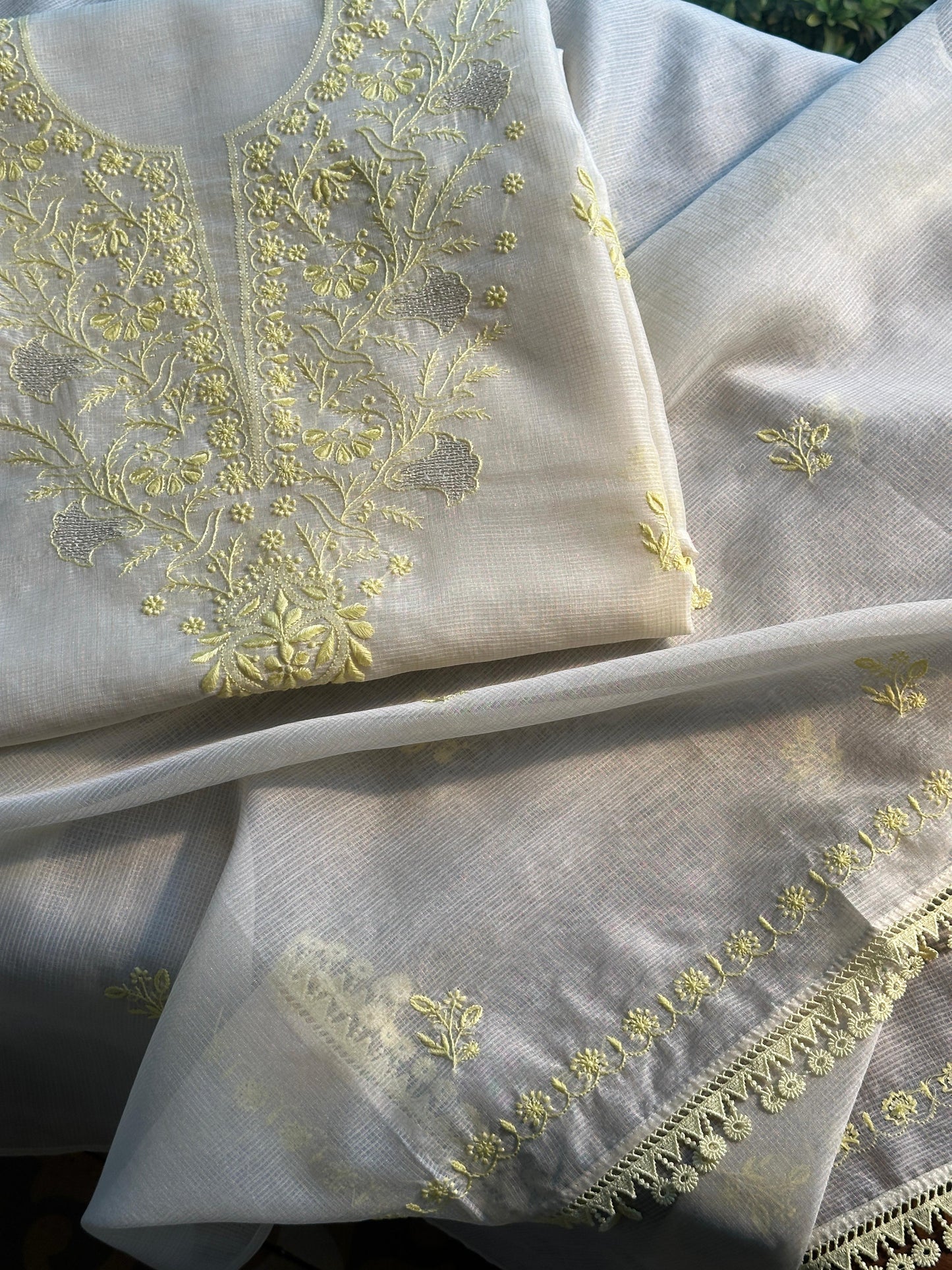 White & Lemon Kota Chikankari Unstitched Fabric
