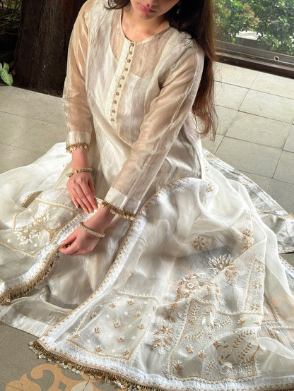 Ivory Kota Pattu Chikankari Suit Set with Organza Dupatta & Pearl Loop Buttons