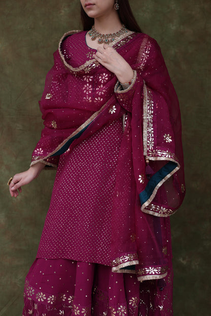 Mukaish Kamdani Plum shade Pure Georgette Kurta Gharara Set with Organza Dupatta