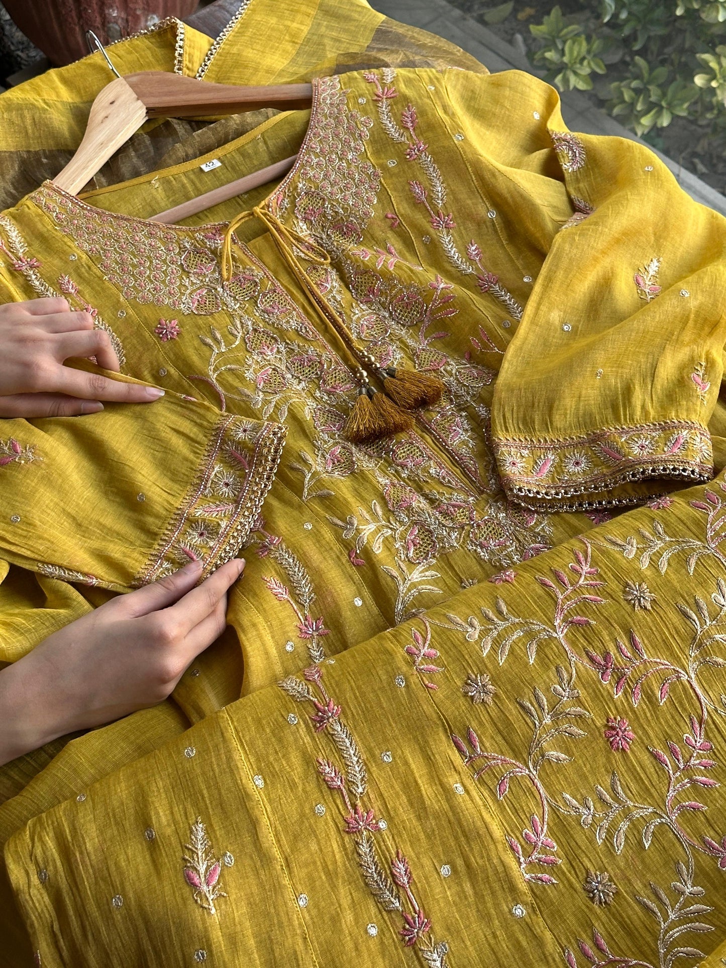 Yellow Shade Tissue Silk Chikankari Anarkali With Ari Work