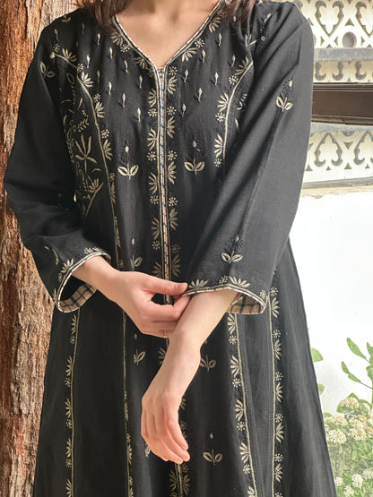 Black Handspun Malkha Chikankari Panel Tunic