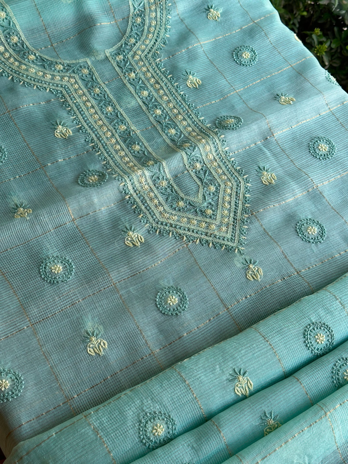 Aqua Green Shade Tissue Zari Kota Chikankari Unstitched Fabric