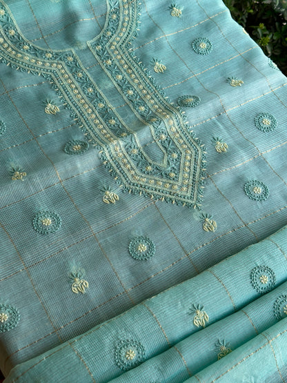 Aqua Green Shade Tissue Zari Kota Chikankari Unstitched Fabric