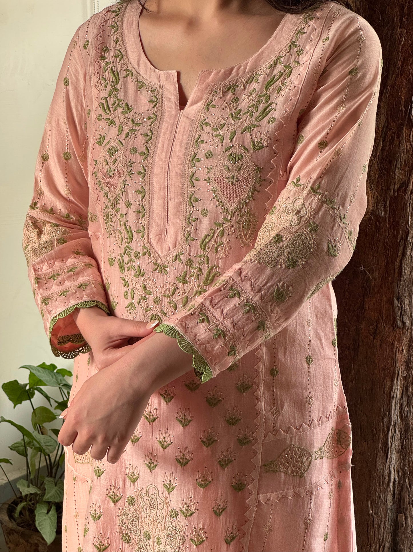 Applique Mahi Motif Soft Pink Mal Chanderi Chikankari Kurta Set