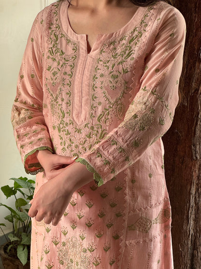 Applique Mahi Motif Soft Pink Mal Chanderi Chikankari Kurta Set
