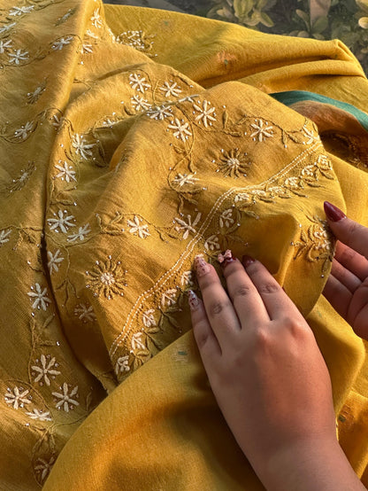 Mustard Yellow Shade Chanderi Chikankari Saree