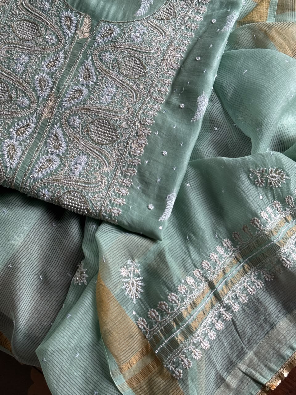 Mint Green Shade Banarasi Zari Chanderi Unstitched Chikankari Fabric