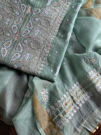Mint Green Shade Banarasi Zari Chanderi Unstitched Chikankari Fabric