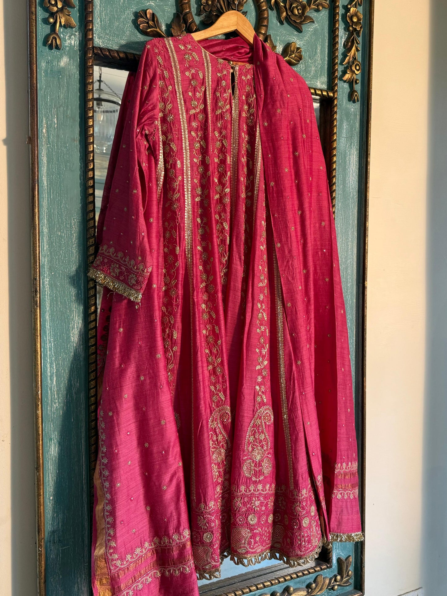 Roheen Pink Moonga Silk Chikankari Anarkali With Dupatta