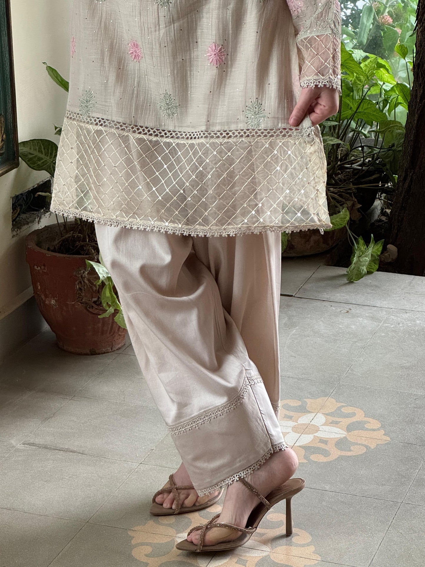 Nude Beige Shade Mul Chanderi Chikankari Farshi Sets