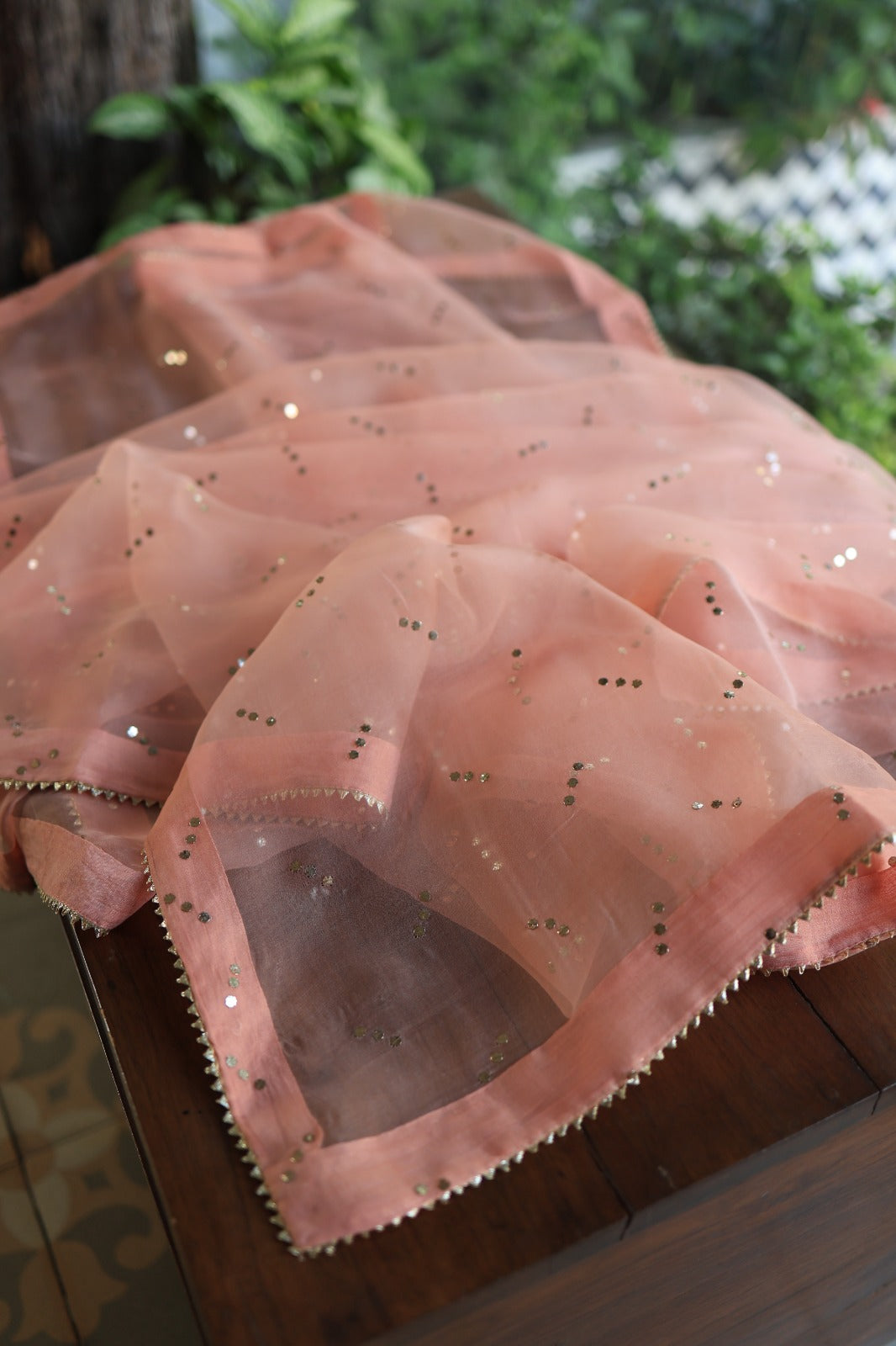 Coral Peach Shade Noor Organza Silk Badla Unstitched Kurta Dupatta Set