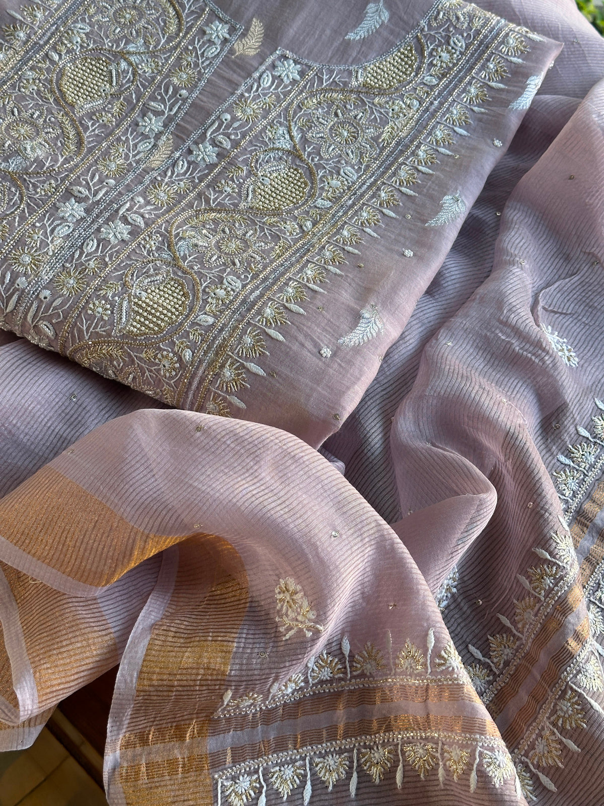 Lavender Shade Banarasi Zari Chanderi Unstitched Chikankari Fabric