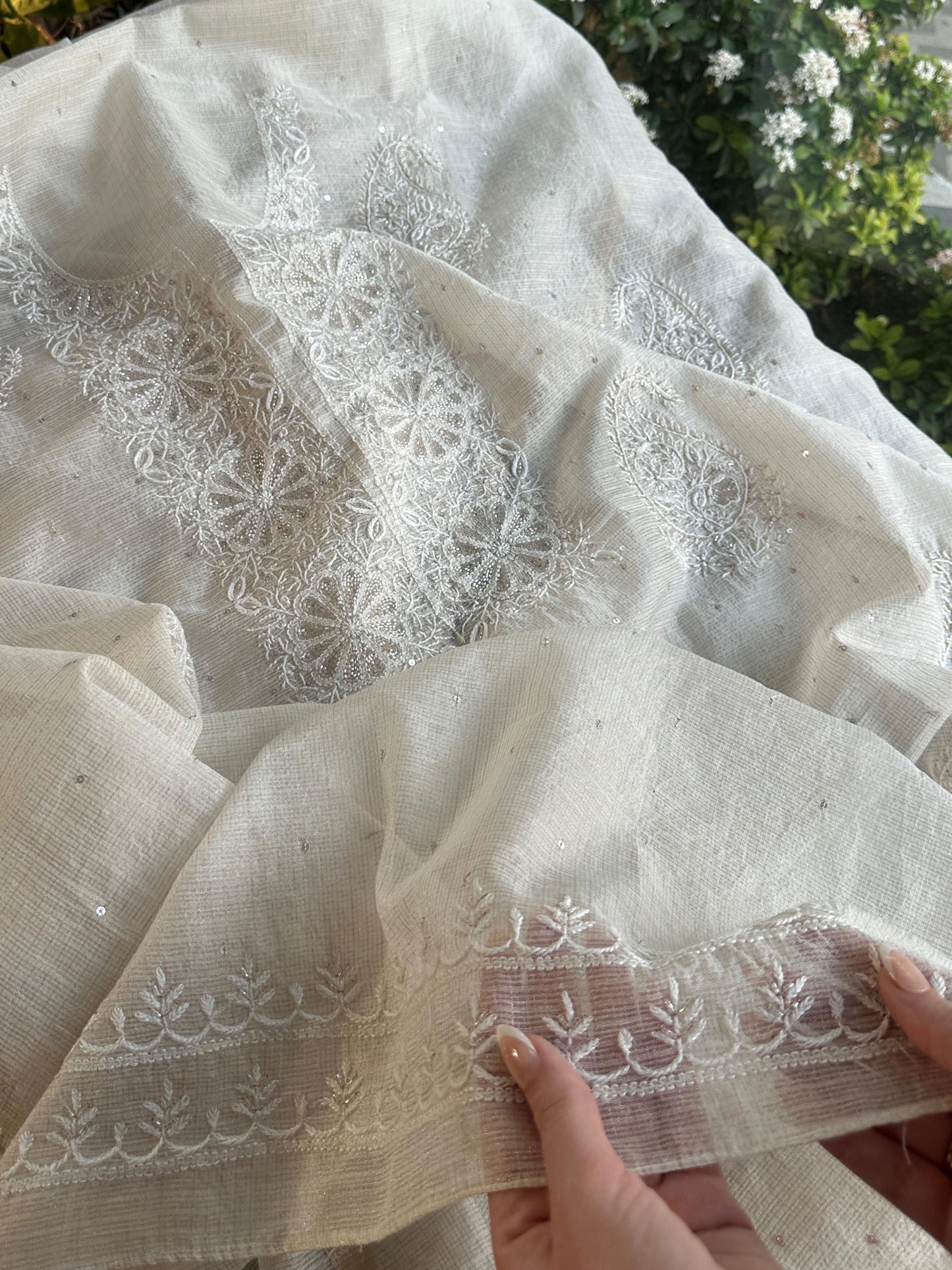 Off White Shade Tissue Zari Kota Chikankari Unstitched Fabric