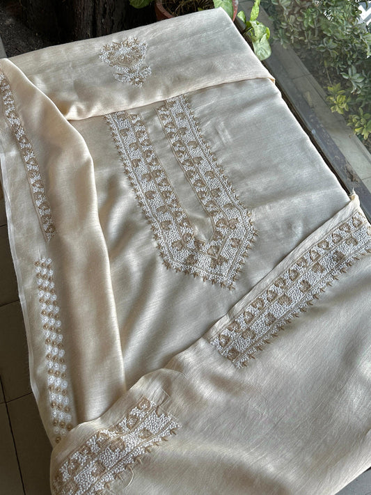 Natural Beige Shade Moonga Silk Chikankari Men’s Kurta Fabric