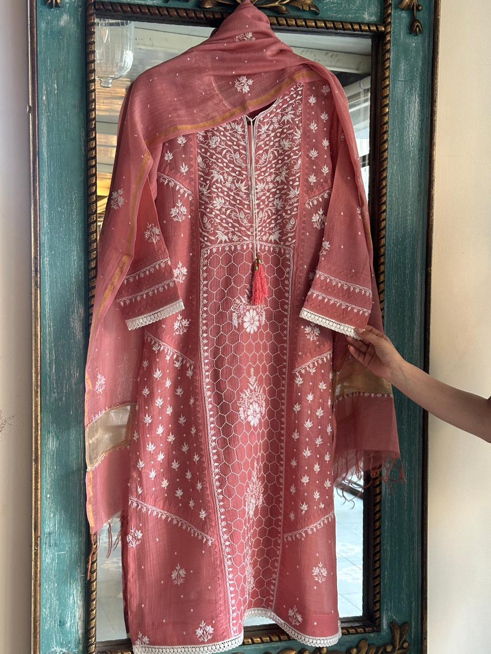 Onion Pink Shade Malmal Pearl Work Chikankari Kurta With Dupatta
