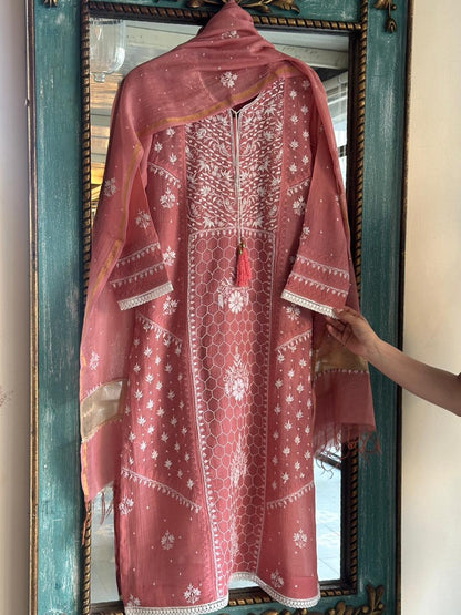 Onion Pink Shade Malmal Pearl Work Chikankari Kurta With Dupatta