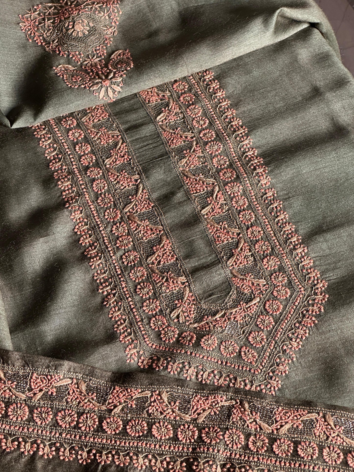 Olive Green Moonga Silk Chikankari Men’s Kurta Fabric