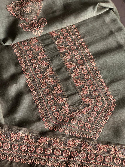 Olive Green Moonga Silk Chikankari Men’s Kurta Fabric