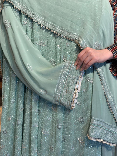 Cement Green Sequinned Georgette Chikankari Anarkali
