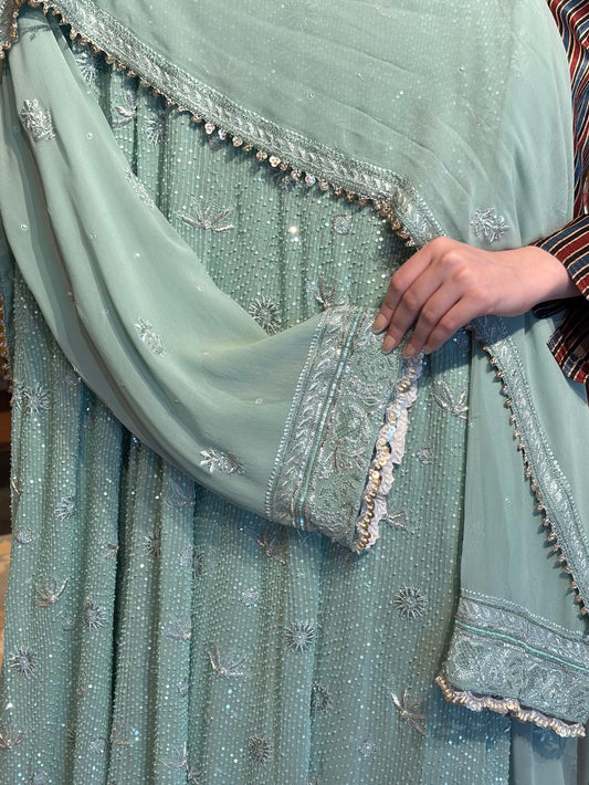 Cement Green Sequinned Georgette Chikankari Anarkali