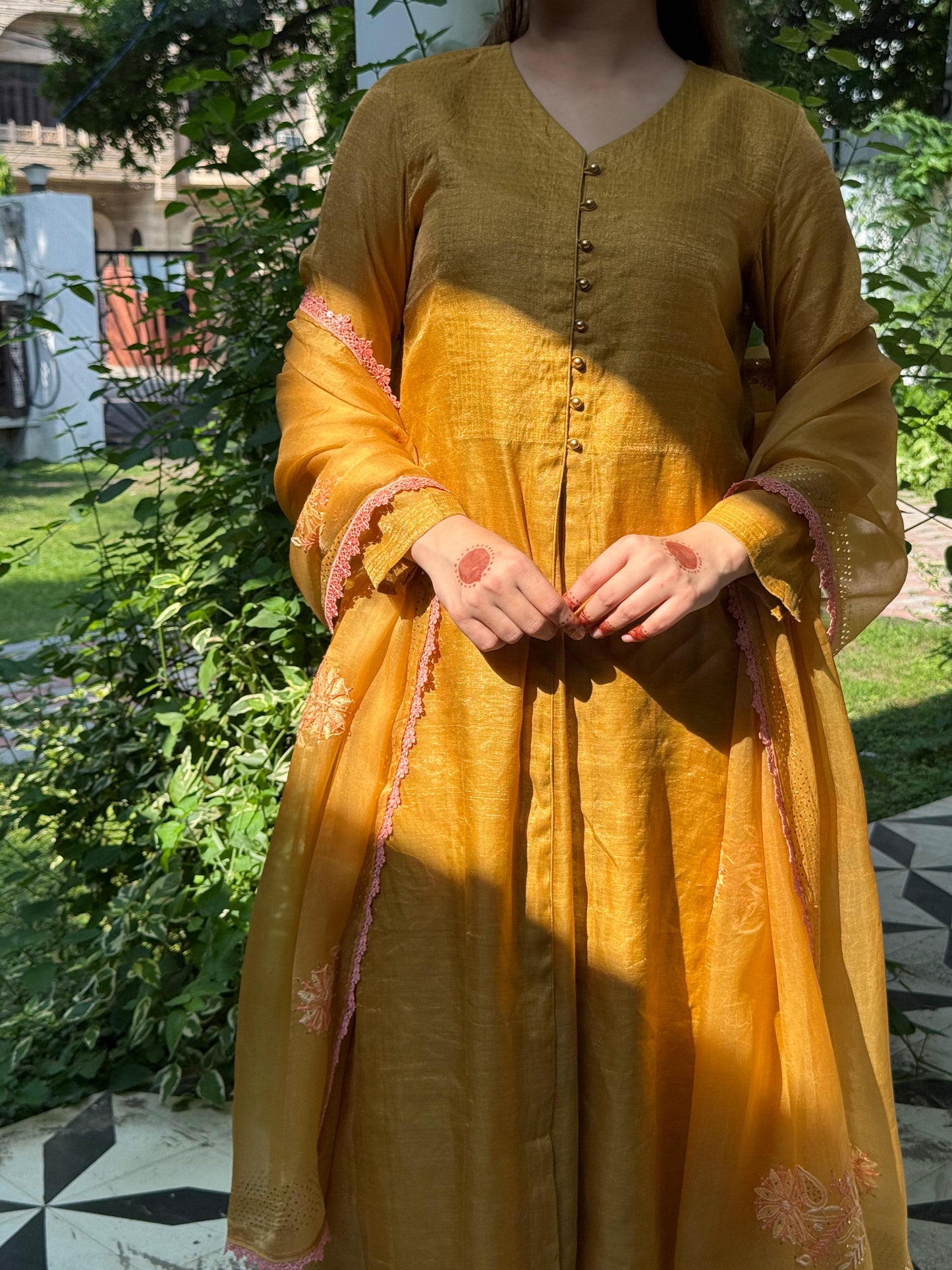 Mustard Yellow Tissue Silk Dagla Kurta Set