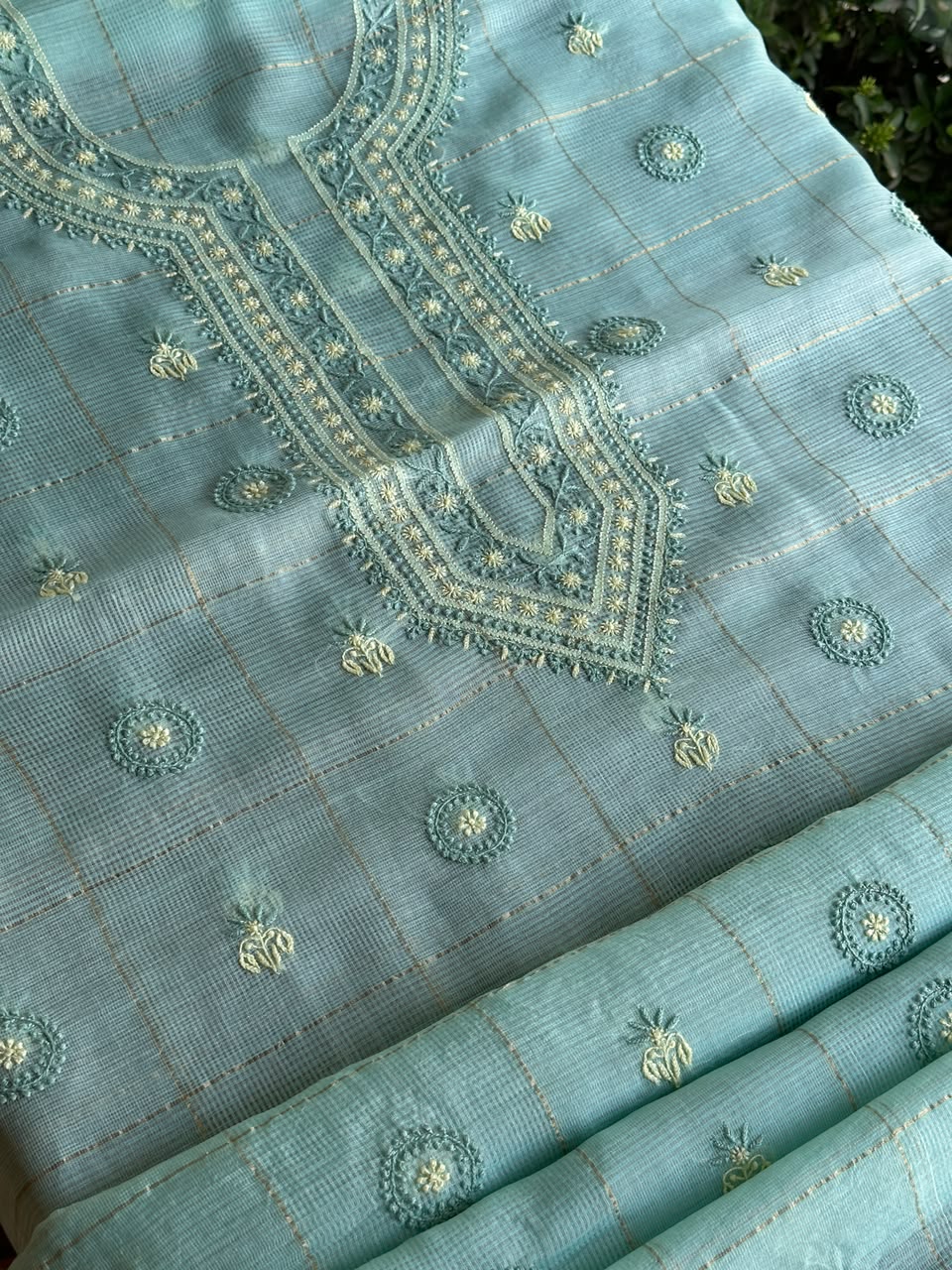 Aqua Green Shade Tissue Zari Kota Chikankari Unstitched Fabric