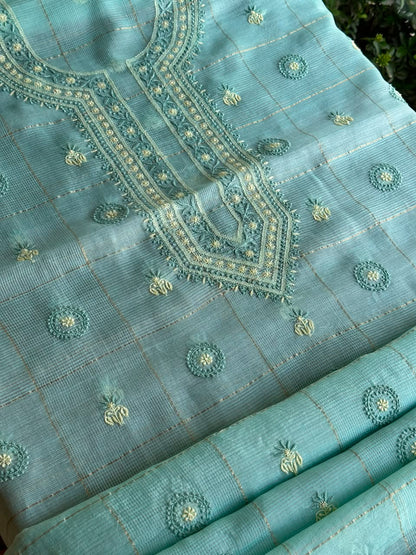 Aqua Green Shade Tissue Zari Kota Chikankari Unstitched Fabric