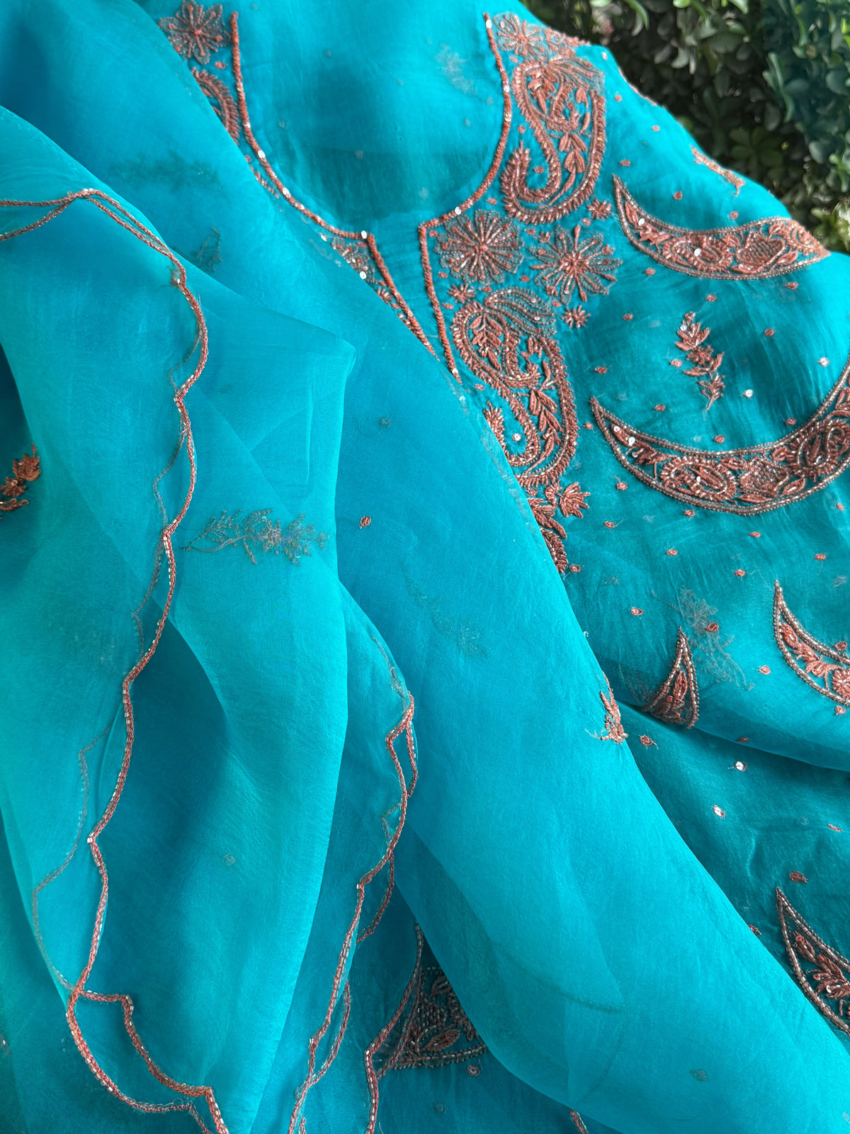 Peacock Blue Noor Organza Silk Chikankari Unstitched Kurta Dupatta Set