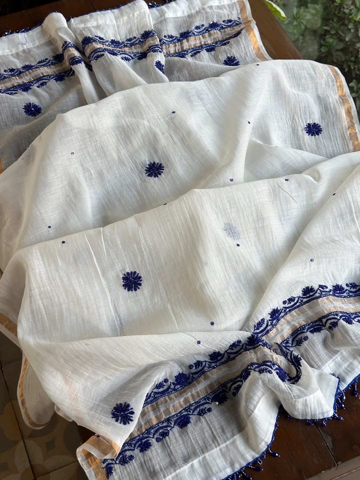 Indigo White Mal Chanderi Silk Chikankari Unstitched Fabric