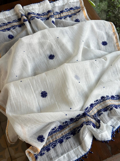 Indigo White Mal Chanderi Silk Chikankari Unstitched Fabric