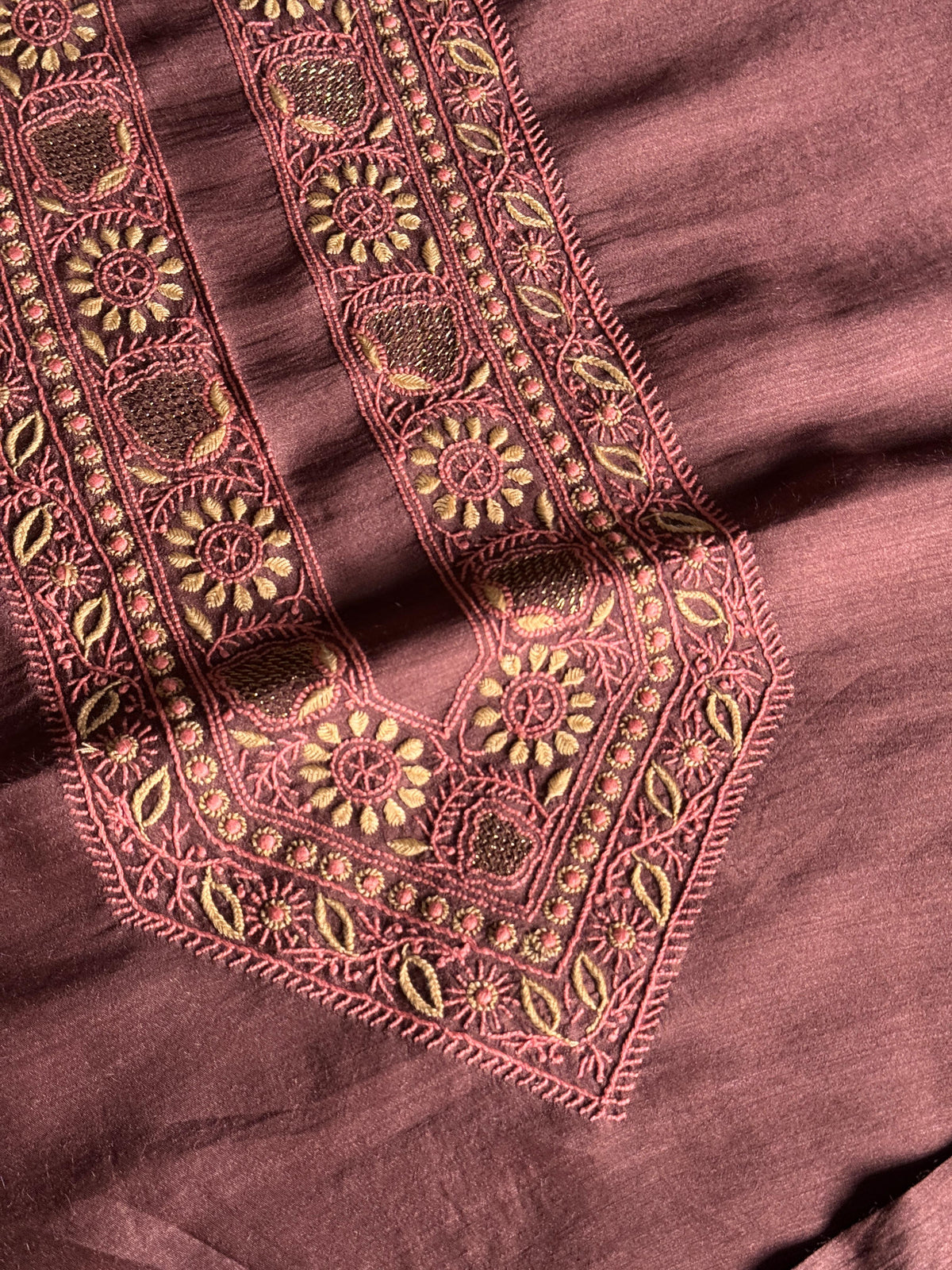 Wine Shade Moonga Silk Chikankari Men’s Kurta Fabric
