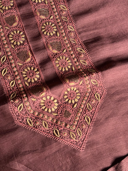Wine Shade Moonga Silk Chikankari Men’s Kurta Fabric